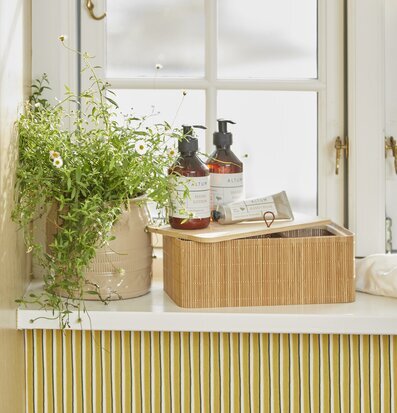 Bild av stilren fönsterbänk med natur och förvaring