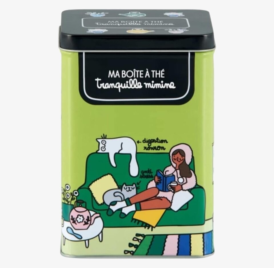 Plåtburk Te Miaou från Derriére la porte med gröna detaljer