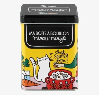 Bild av färgglad och humoristisk plåtburk för köket