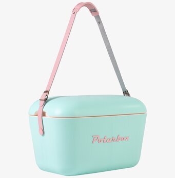 Bild av stilren turkos kylväska med rosa detaljer