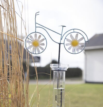Bild av dekorativ regnmätare med cykel och blommor