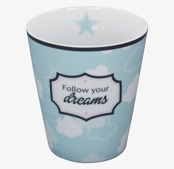Bild av mugg med himmelskt tema och inspirerande text