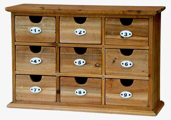 Bild av rustik träbyrå med nio numrerade lådor