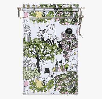 Bild av rektangulär kaffeburk med Mumintrollen motiv