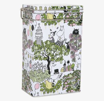 Bild av en färgglad kaffeburk med Muminmotiv