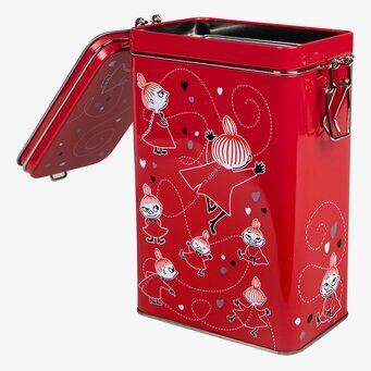 Bild av livfull röd kaffeburk med Lilla My-design