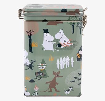 Foto av kaffeburk med muminkaraktärer och skogstema