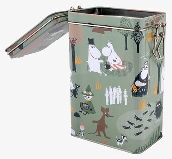 Bild av grön kaffeburk med Mumin skogsutflykt motiv