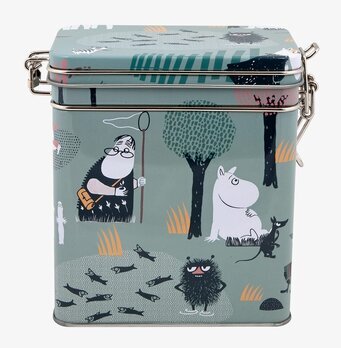 Bild av charmig burk med Muminmotiv och naturinslag