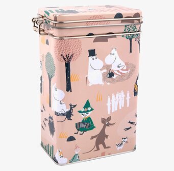 Bild av rosa kaffeburk med Muminmotiv och skogstema