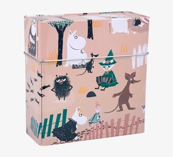 Bild av rosa kaffefilterburk med Mumin skogsutflykt