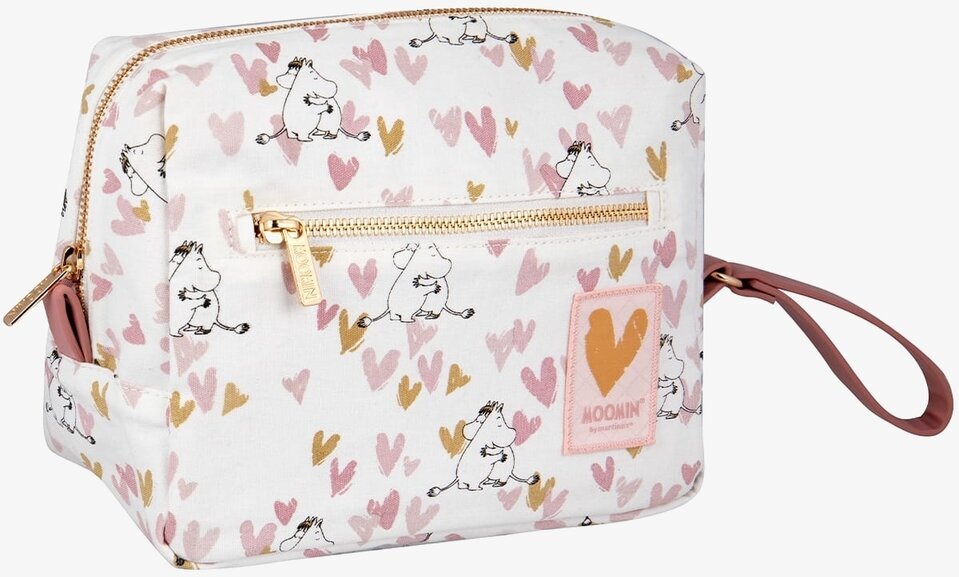 Bild av necessär med hjärtmönster och Mumin-design