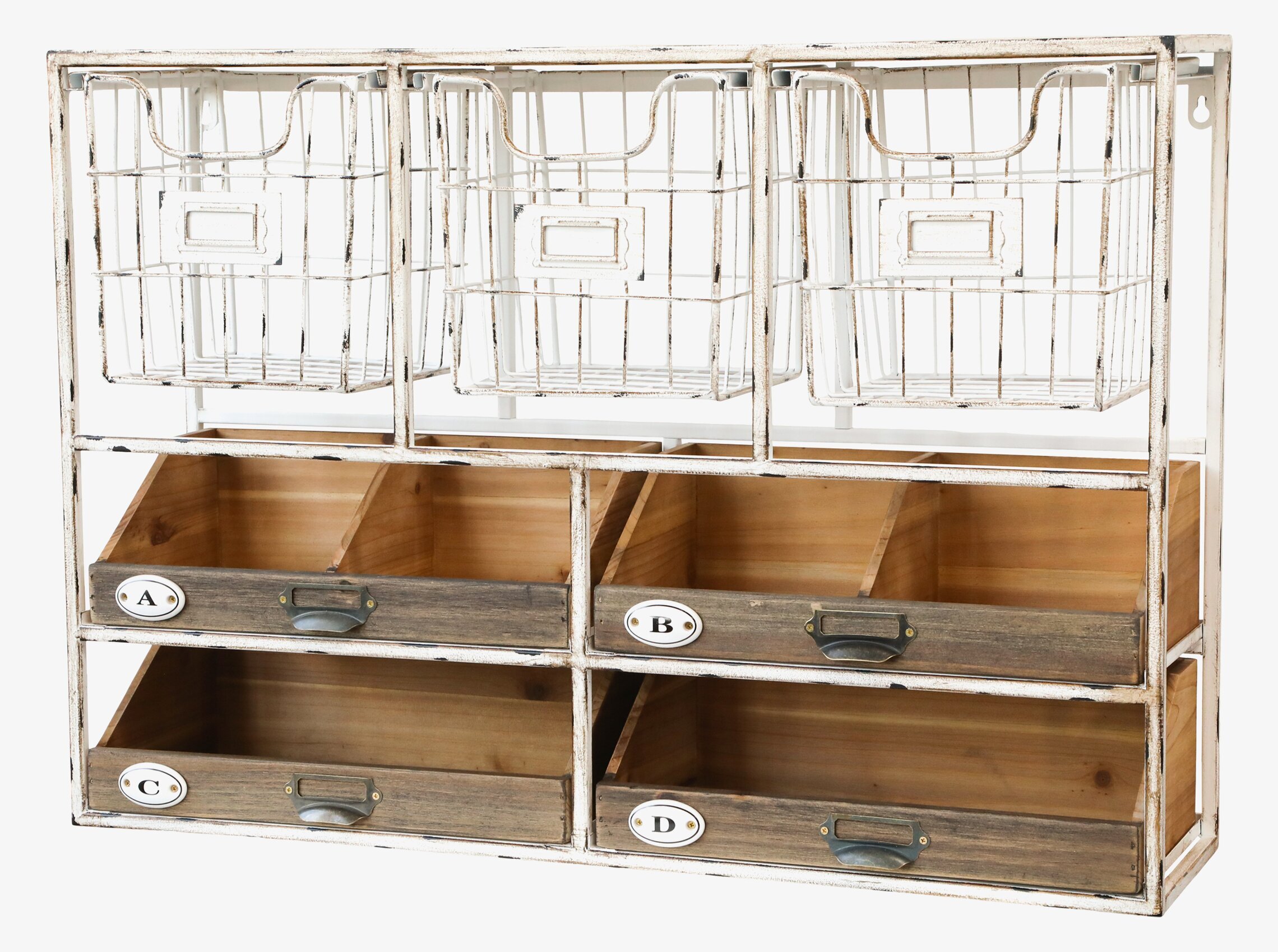 Bild av vintage vägghylla med lådor och korgar
