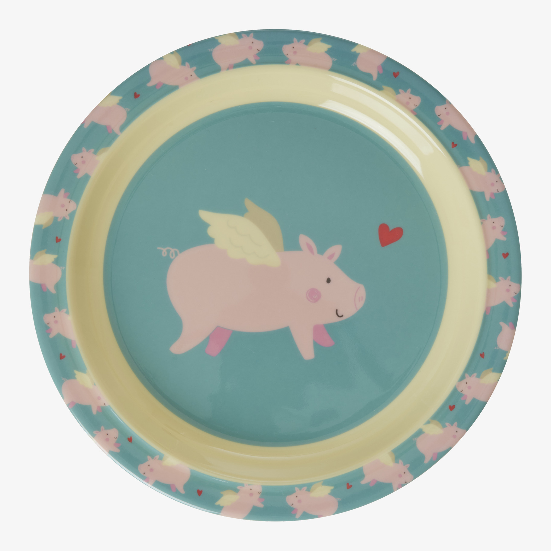 Bild av lekfull barntallrik med flygande gris motiv