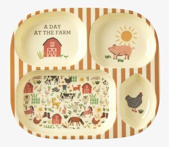 Bild av fyrfackad barntallrik med lantligt motiv