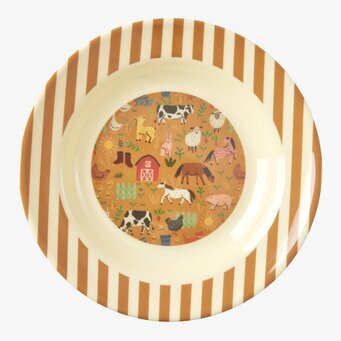 Bild av tallrik med lantligt motiv och randig kant