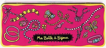 Bild av färgglad plåtburk med smyckesmotiv och text