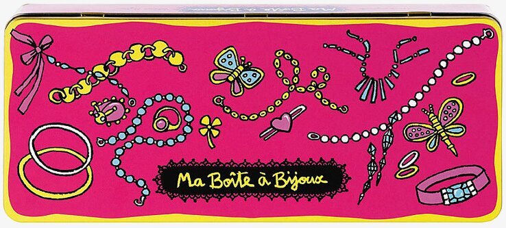 Bild av färgglad plåtburk med smyckesmotiv och text