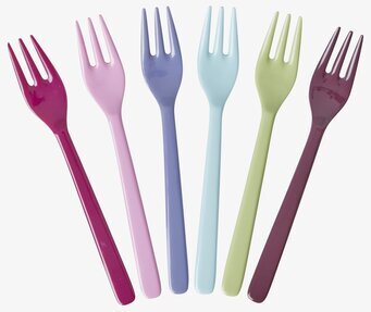 Bild av färgglada tårtgafflar i sex olika nyanser