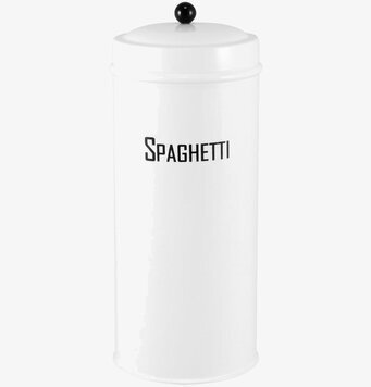 Bild av stilren vit plåtburk för spaghetti i köket