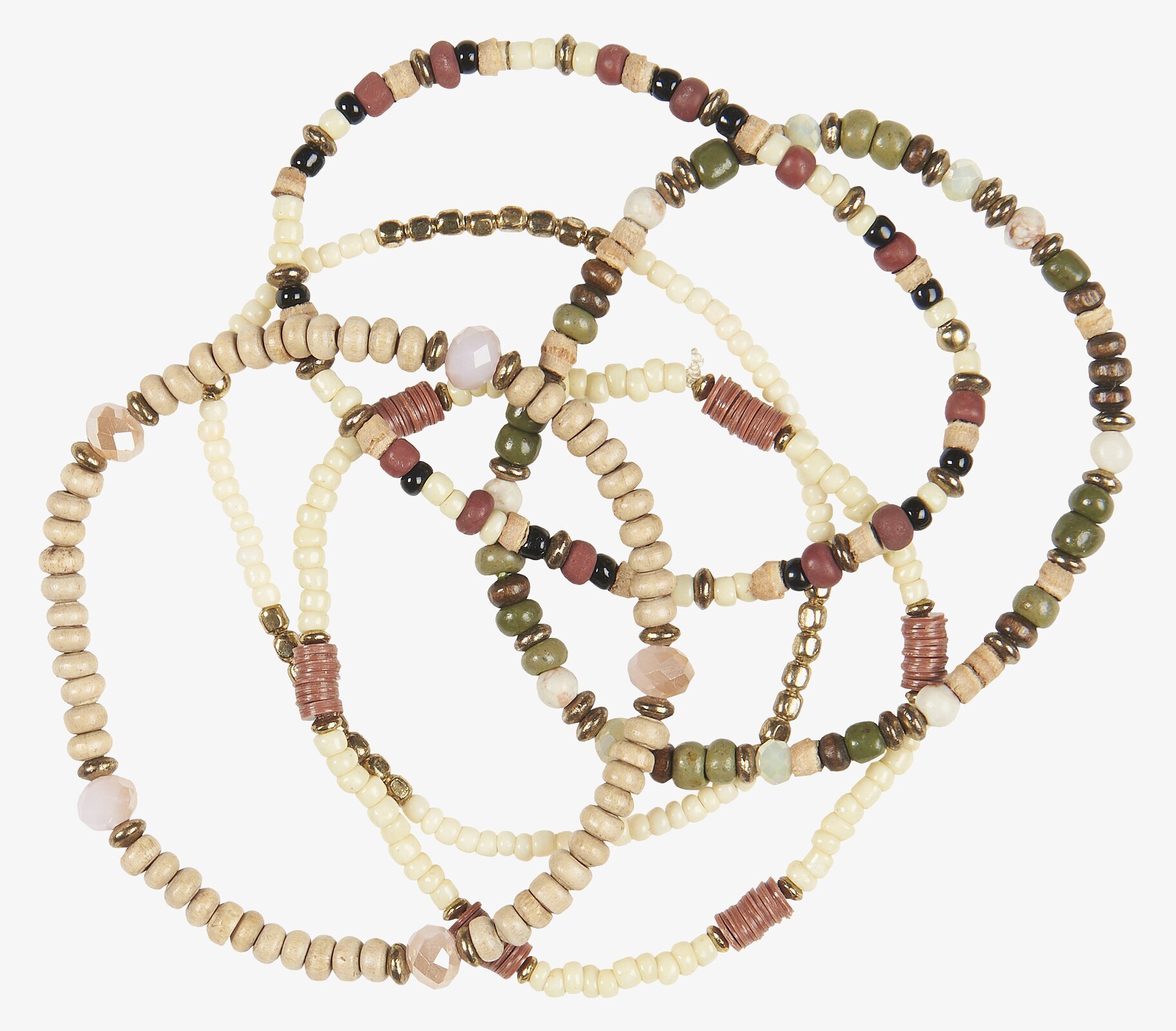 Armband Trä/Glaspärlor Set/5 från IB Laursen på vit bakgrund