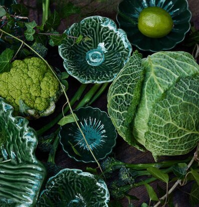 Bild av naturlig harmoni med gröna skålar och växter