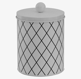 Bild av stilfull vit plåtburk med svart rutmönster