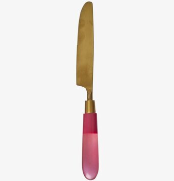Bild av elegant kniv med mässingsblad och rosa handtag