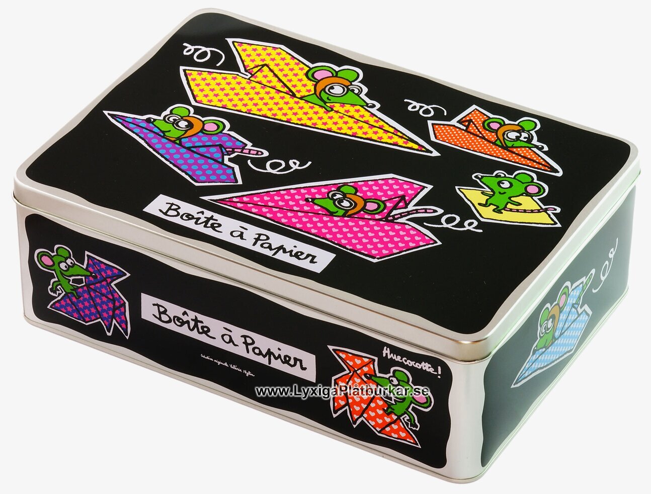 Bild av färgglad plåtburk med möss och origamiflygplan