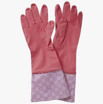 Bild av rosa städhandskar med blommigt mönster