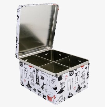 Bild av en charmig fyrkantig teburk med Muminmotiv