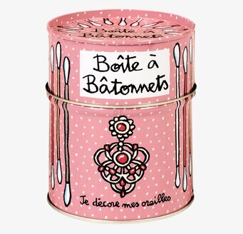 Bild av rosa plåtburk för bomullspinnar med prickar