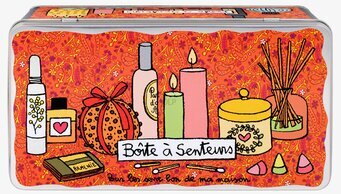 Bild av färgglad plåtburk med dofttema och illustrationer