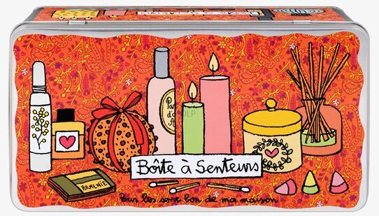 Bild av färgglad plåtburk med dofttema och illustrationer