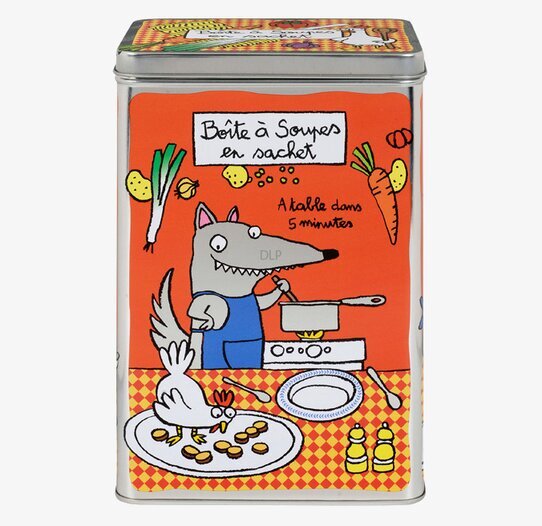 Bild av färgstark plåtburk med humoristisk design