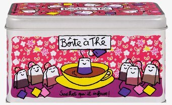 Bild av färgglad plåtburk för tepåsar med lekfull design