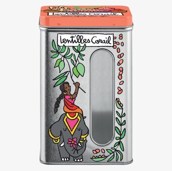 Bild: Färgglad plåtburk för linser med elefantmotiv