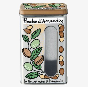 Bild av rektangulär plåtburk med mandelmönster