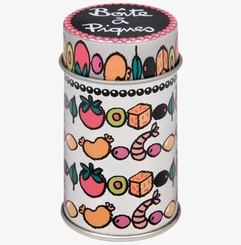 Bild av färgglad plåtburk för tandpetare i zink