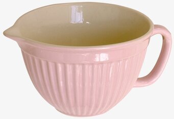 Bild av ljusrosa keramikskål med hällpip och handtag