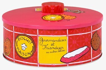 Bild av rund plåtburk med rött lock och färgglada motiv