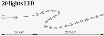 Bild av ljusslinga med 20 LED-lampor och måttangivelser