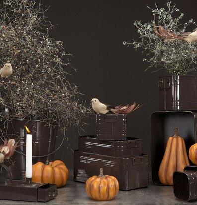 Bild av höstarrangemang med pumpor och ljusstake