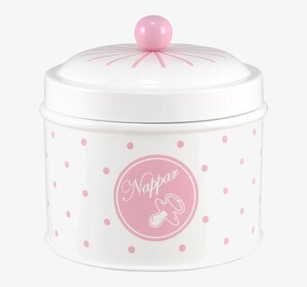 Bild av charmig plåtburk med rosa prickar och nappdesign