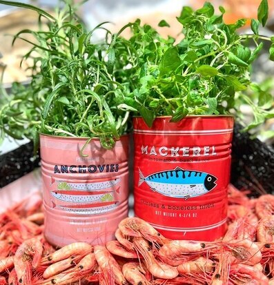 Bild av retro plåtburkar i maritimt tema för hemmet