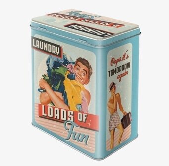 Bild av retro plåtburk för tvättmedel i pastellfärger