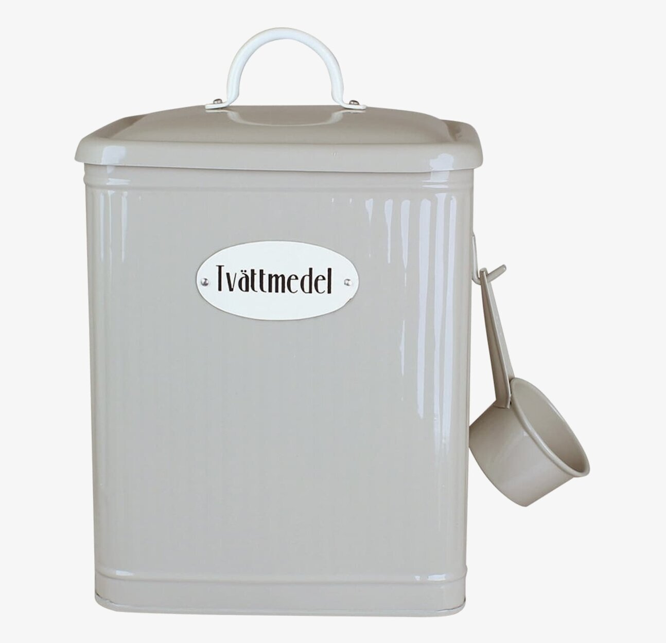 Plåtburk Hugo Tvättmedel Beige från Strömshaga, med skopa