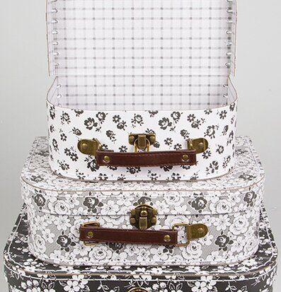 Bild av tre dekorativa resväskor med blommönster