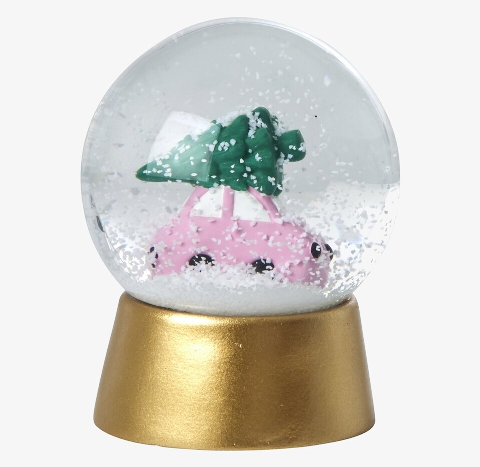 Snöglob Xmas Car från Rice med rosa bil och grön julgran