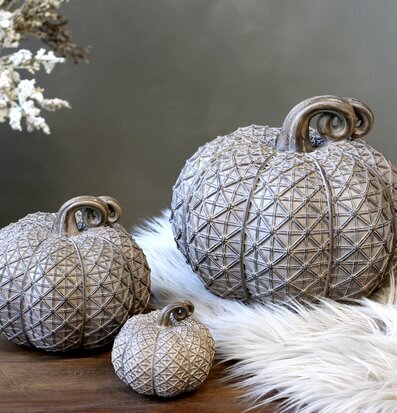 Bild av dekorativa pumpor på träbord med matta